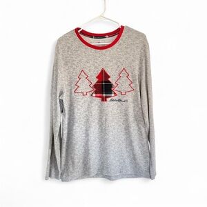Eddie Bauer Sleepwear Mens Top Christmas Tree Long Sleeve Pajama Top Gray M